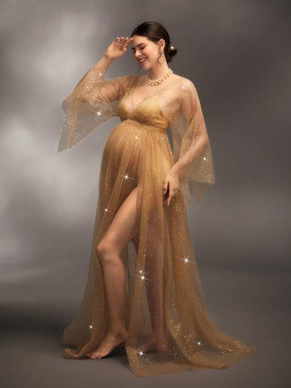 Cheriluna Maternity Elegante abito di maternità trasparente e luccicante per servizio fotografico di maternità