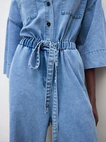 Maija Women's Casual Lightweight Denim Jumpsuit With Drawstring Waist, 3/4 Sleeve, Suitable For Urban Casual Wear, Office Outfit For Women, Autumn, Fall Women Clothes - Light Wash - View 4