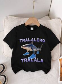 SHEIN Young Boy Shark Print Casual Crew Neck Short Sleeve T-Shirt, Summers Young Boys T Shirts Summer Holiday