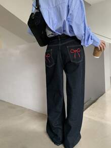 DAZY 女式后口袋刺绣蝴蝶结宽松休闲牛仔裤 Y2K 秋冬款