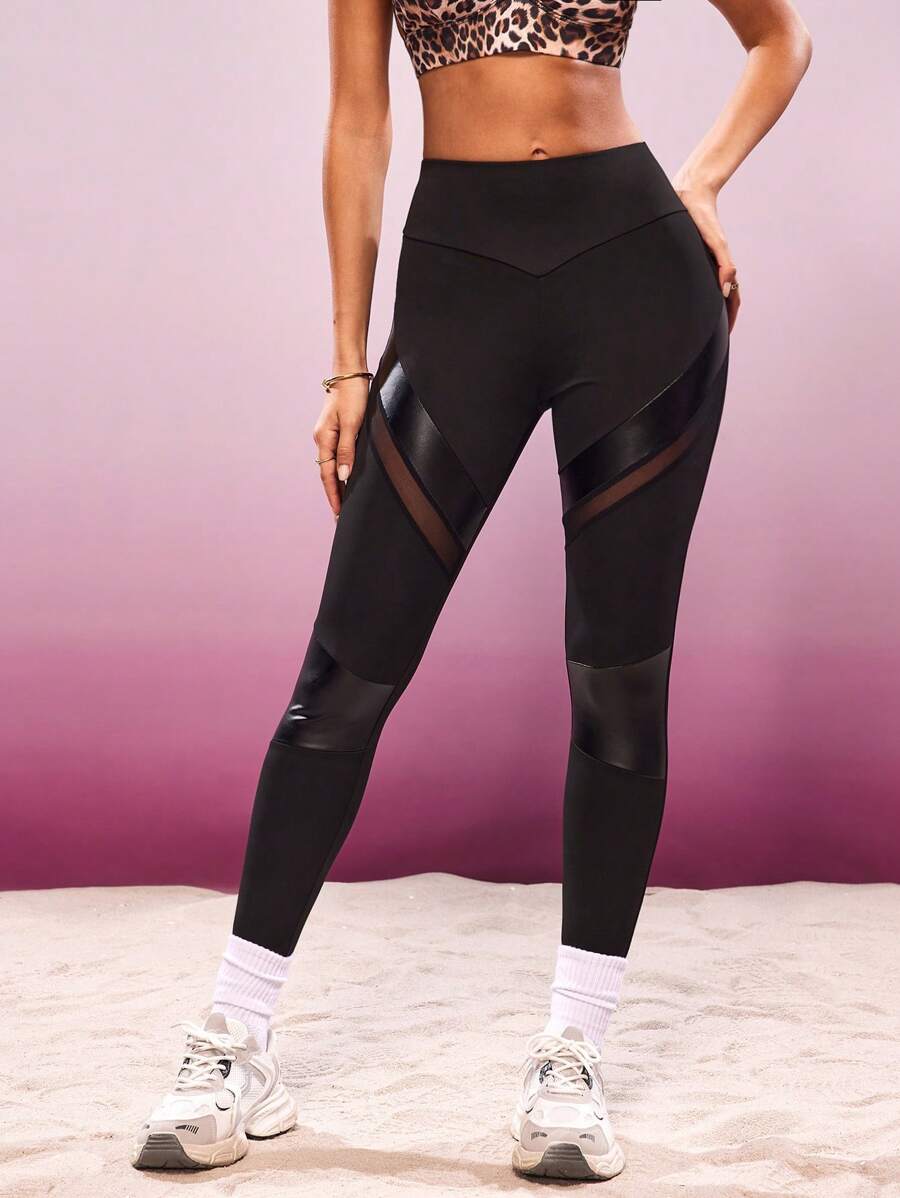 SHEIN Sports Women's Patchwork Mesh & Faux Leather Skinny Leggings - Black - View 1
