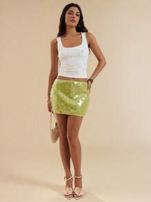 SHEIN BAE Women's Summer Island Holiday Italian Style Rhinestone Decor Square Neck Fitted Tank Top/Holiday White Tank Top - White - View 3