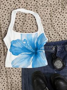 SHEIN EZwear Women's Casual Backless Tank Top, Blue Hibiscus Floral Print, Suitable For Summer Vacation - Multicolor - View 1