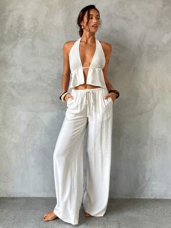 Aloruh Damen Frühling Sommer Neuerscheinung Set, aprikotfarbenes ärmelloses Wickeloberteil mit Bindeband am Kragen und weite Bundfaltenhose mit perlenbesetzter Verzierung, Damen Strandoutfit, Damen Freizeitkleidung Badeanzug Cover-Up Sarong Sommer Outfits für Frauen 2 Stücke Set Damen Leinen Hose Leinen Hose Damen Badeanzug Cover-Up Festival Urlaubs-Strandoutfits für Frauen Urlaubsoutfits Frau