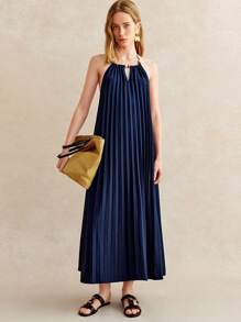 Écloséra 复古优雅度假性感深蓝色无袖吊带荷叶边小V领沙滩必备女士沙滩装连衣裙