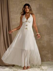 Flirla Plus Size Ruched Beach Holiday Sea Star Ocean Metal Women Dress - Apricot - View 6