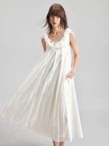 Ontre Váy không tay cổ xếp ly trơn màu 2025 dành cho nữ, thời trang cho mùa hè - trắng - Xem 3