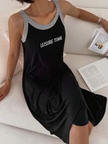DAZY Letter Print Contrast Color Block Sleeveless Long Nightgown Dress For Women Pajama - Black - View 1