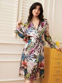 Women Tropical Leopard Floral Print Robe Luxeloungewear - Multicolor - View 3