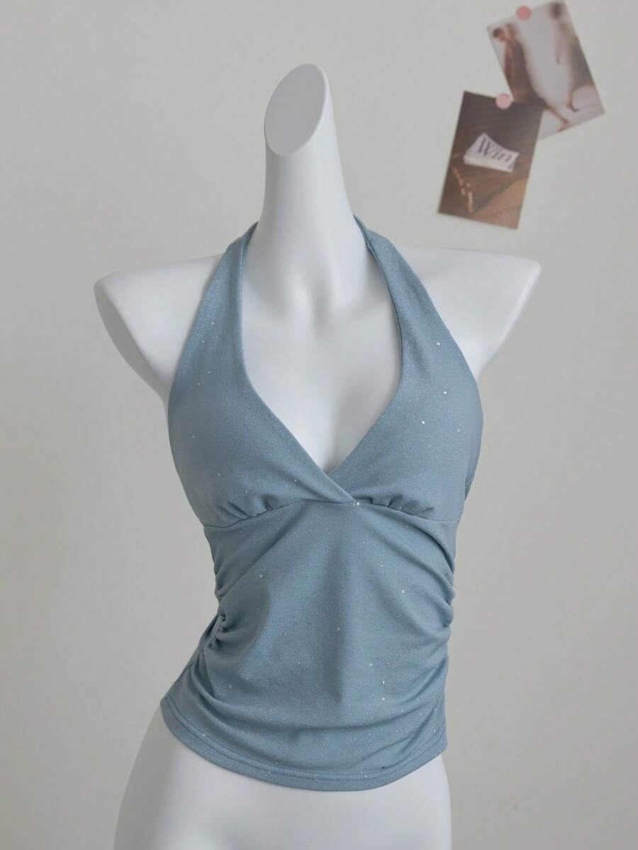 Elamini 时尚亮片系带性感露背吊带上衣 - 淺灰色 - 查看 1