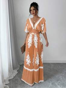 Elenzga 女式印花蝙蝠袖深V领百褶连体裤，度假风 - 卡其色 - 查看 3