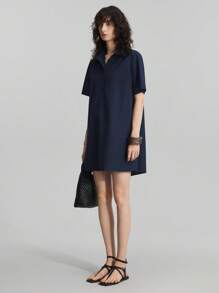 Ontre 2025 Women's Casual Solid Color Loose Short Sleeve Mini Dress, Summer - Navy Blue - View 5