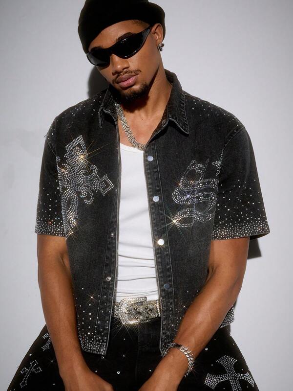 ROMWE MEN Street Life Camisa vaquera de hombre con adornos de rhinestones, de moda para el verano