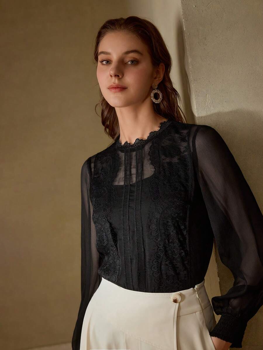 MOTF PREMIUM CHEMISIER À MANCHES LANTERNES AVEC CONTRASTE DE DENTELLE EN MAILLE TRANSPARENTE - Noir - Voir 1