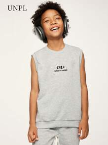 SHEIN Explorewe Tween Boy Solid Color Minimalist Letter Print Sleeveless Tank Top, Sophisticated Letter Graphic On Chest, Can Be Worn Alone To Showcase Personalized Or Layered For Stylish Looks, Essential Street Piece - Grey - View 4