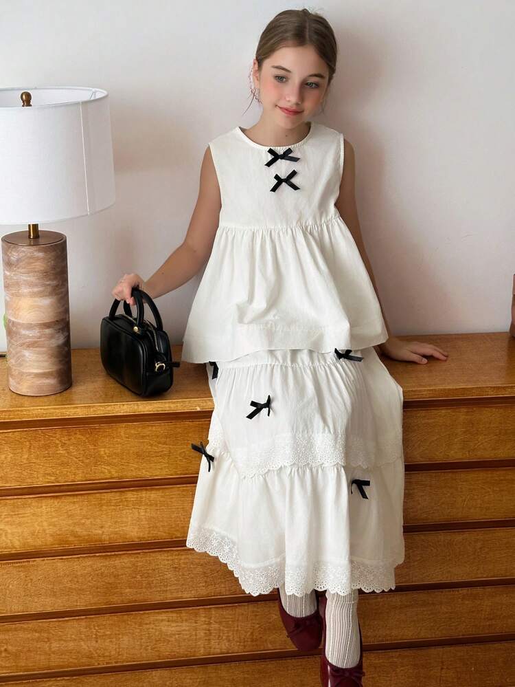 Tween Girls 2pcs Set: Sleeveless Shirt & A-Line Skirt With Bow Decor, Autumn