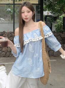 DAZY Women's Floral Print Off Shoulder Ruffle Trim Flowy Casual Summer Top Shirt Vacation - Blue - View 2