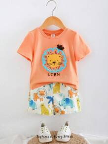 Cozy Pixies Set de 2 piezas para niño bebé: parte superior de manga corta de cuello redondo suave con estampado de animales de dibujos animados y pantalones cortos de cintura elástica