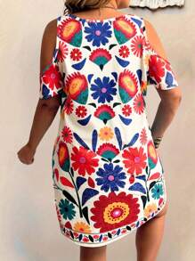 Sunserae Plus Size Floral Print Off-Shoulder Short Sleeve Dress For Summer - Multicolor - View 2