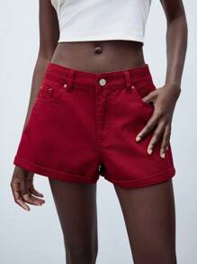 Maija Women's Low-Waist Solid Color Simple Denim Shorts, Business Casual Loose Jeans, Street Y2K Style - Burgundy - View 4