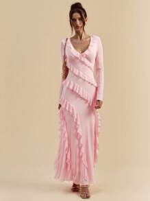 SHEIN BAE 秋季长袖长裙，浪漫荷叶边设计，约会，旅行，内衣，适合情人节，蝴蝶结，优雅女士连衣裙，节日连衣裙，正式连衣裙，中长连衣裙，夏季连衣裙，网眼，透视袖，休闲连衣裙，女士婚纱，加大码曲线，加大码生日礼服，曲线，晚会礼服，夏季，秋季 - 珊瑚粉 - 查看 4