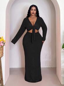 Veslaya Conjunto de suéter de manga larga de un solo color con nudo en la parte delantera y falda midi de punto para mujer talla grande