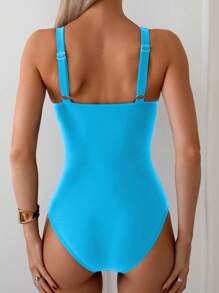 Swim Basics Bộ đồ bơi liền thân xếp nếp màu trơn đi biển dành cho nữ, Bộ đồ tắm liền thân - Màu xanh lam - Xem 2