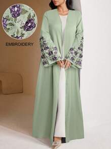 Al Najma 女士简约休闲金色刺绣袖口阿巴亚长袍 女式夏季长袍 - 綠色 - 查看 1