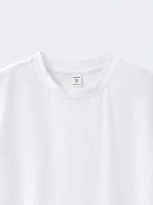 SHEIN 青少年男孩休闲街头服饰纯色百搭舒适纯色圆领短袖白色 T 恤，适合通勤、上学、日常穿着、旅行、运动、春夏季 - 白色 - 查看 4