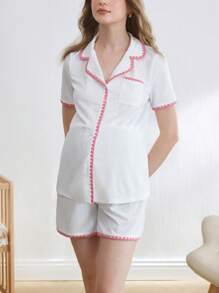 BloomMama 两件装孕妇短袖哺乳睡衣套装，带纽扣，家居服时尚睡衣 - 米色 - 查看 2