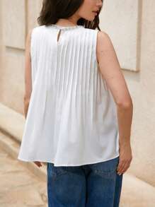 GENKIRA Pleated High-End Stylish Rhinestone Collar Detail Sleeveless Loose Fit Casual Versatile Blouse For Women - White - View 4