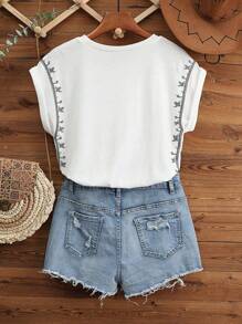 LanaWest 女式乡村风格刺绣盖袖休闲家居/户外T恤 - 白色 - 查看 2