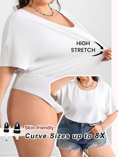 SHEIN CURVE+ Plus Size Women Summer Loose Round Neck Short Sleeve Bodysuitsummer/Country/Beach Vacation Outfits/Beach Outfits/Beach Wear