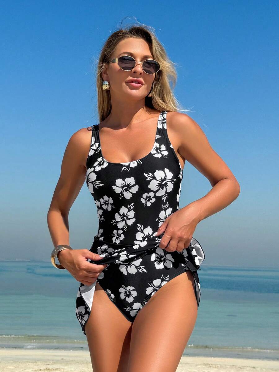 Swim Lushoire 1 bộ đồ bơi liền thân in họa tiết hoa đi nghỉ mát bãi biển dành cho nữ - màu đen - Xem 1