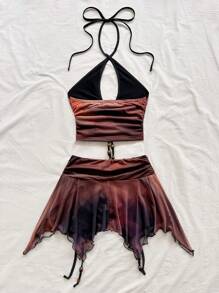 Soleia 女式复古扎染前镂空抽绳褶饰露背吊带背心和不对称荷叶边抽绳下摆迷你裙套装，适合派对、约会、下午茶、海滩、音乐节、狂欢节海滩装