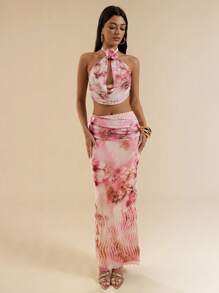 SHEIN BAE 女士长款花卉动物印花半身裙，3D 花朵装饰，夏季时尚，适合浪漫约会、与朋友聚会、度假、优雅日常穿着、海滩、俱乐部、伊比沙岛 - 粉色 - 查看 3