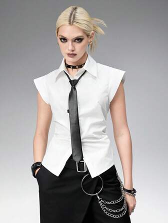 Goth Blusa ajustada de cintura estilo gótico en color blanco con corbata para mujeres, profesional