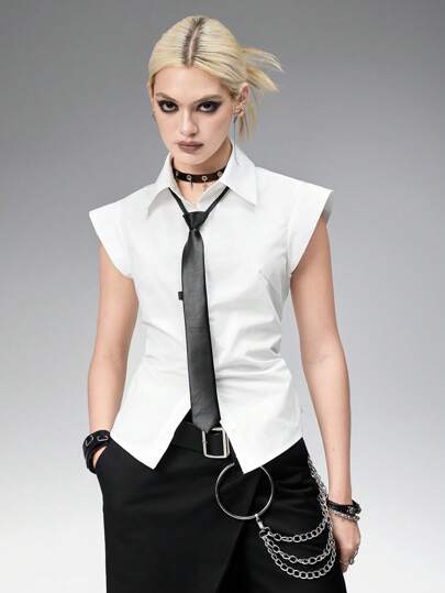 Gothic-Stil weiße figurbetonende Bluse mit Krawatte für Damen, Business-Outfit