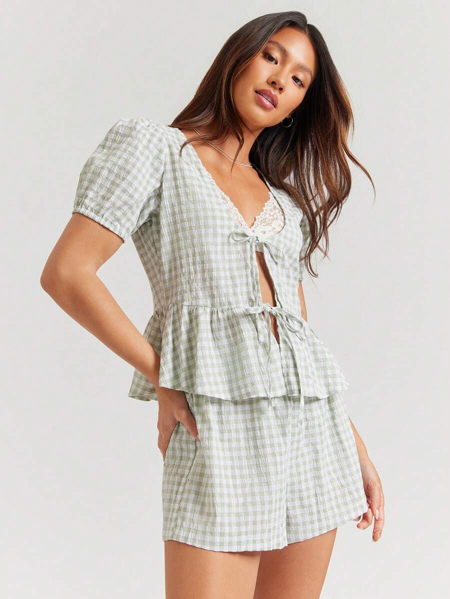 WESTFADE Summer Gingham Deep Scoop Neck Short Puff Sleeve Cute Bow Front Ruffle Peplum Top & Drawstring Elastic Waist Relaxed Fit Shorts Women Two Pieces Outfit Matching Set - Green - View 1