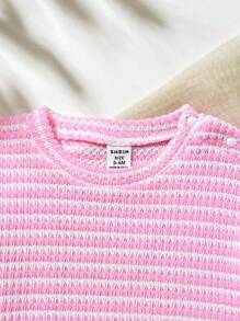 SHEIN Playful Pals 2pcs/Set Baby Girl Infant/Toddler Spring/Summer Casual Daily Vacation Textured Knit Black & White Striped Ruffle Sleeve Crew Neck T-Shirt And Shorts Set, 0-3 Years - Multicolor - View 3