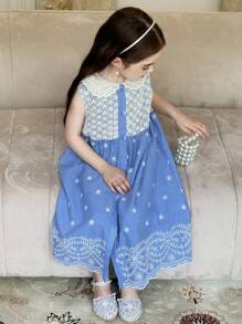 DAZY Young Girls Ruffled Collar Sleeveless Dress With Heavy Embroidery,Girls Summer Outfits - Blue - View 4