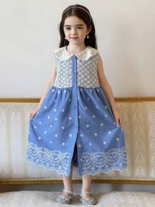 DAZY Young Girls Ruffled Collar Sleeveless Dress With Heavy Embroidery,Girls Summer Outfits - Blue - View 6
