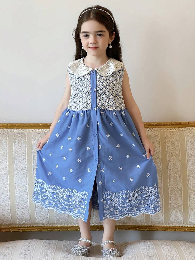 Young Girls Ruffled Collar Sleeveless Dress With Heavy Embroidery,Girls Summer Outfits
