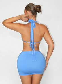 SHEIN Unity Summer Sexy Deep V Neck Hanging Neck Scoop Holiday Mini Women's Dresses - Blue - View 6