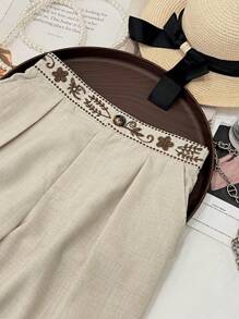 SHEIN Clasi 2025 夏秋新款复古高腰宽松休闲刺绣阔腿裤，优雅休闲风格适合工作、休闲、通勤、度假、商务、节日、独立日、返校、教师节、婚礼、派对、音乐节、万圣节、感恩节秋季 - 杏色 - 查看 3