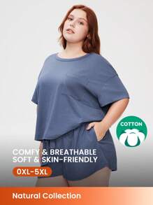 LUVLETTE Bộ đồ ngủ nữ cỡ lớn, mềm mại, 100% cotton nguyên chất, kiểu dáng cơ bản, cổ tròn, tay ngắn và quần short, thoáng khí, thoải mái, năng động, có túi, thích hợp mặc ngoài, cũng phù hợp cho thiếu nữ, trẻ em và bé gái. Bộ đồ ngủ mùa xuân và mùa hè, chất liệu cotton đồng bộ. - Màu xanh lam - Xem 2