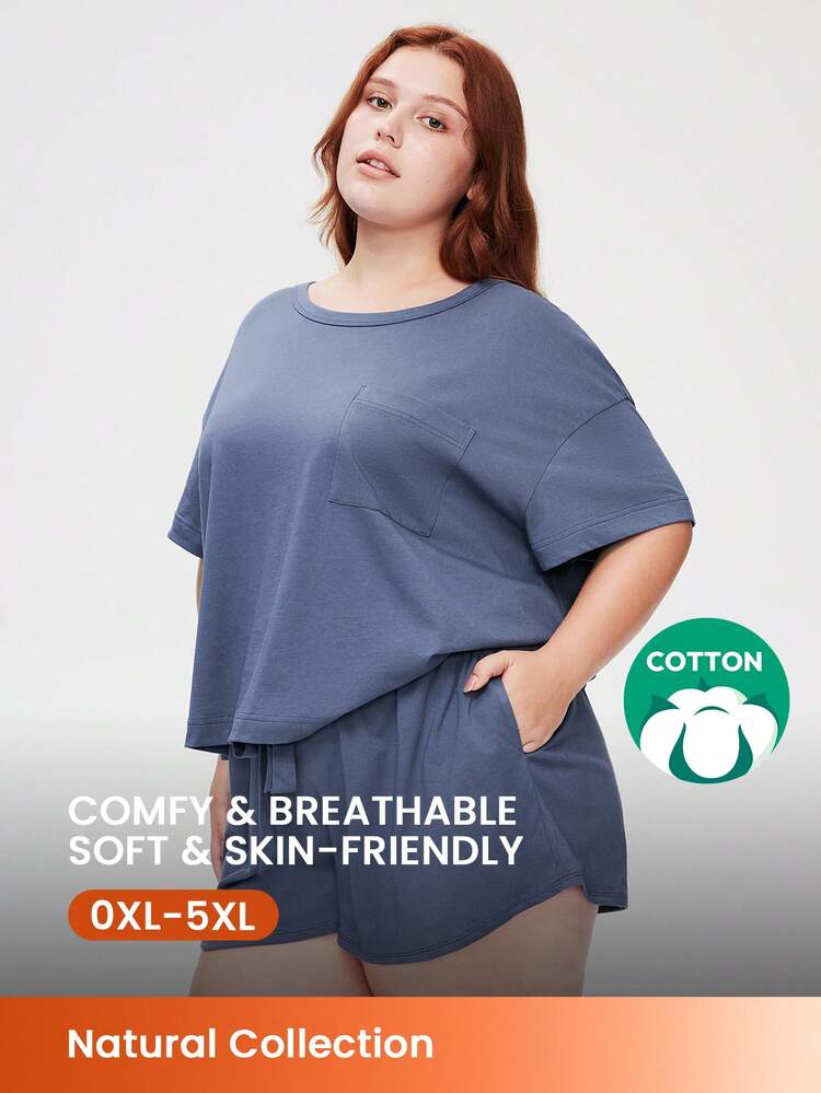 Damski, plus-size, miękki, 100% czystej bawełny, podstawowy, swobodny i sportowy, z okrągłym dekoltem, krótkim rękawem i szortami, przewiewny komplet piżamy, sportowy, swobodny, wygodny, aktywny, spodnie z kieszeniami, bielizna jako odzież wierzchnia, odpowiedni również dla nastolatek i dzieci, zestaw bokserek, zestawy na wiosnę i lato