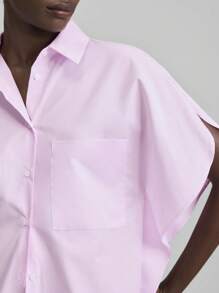 Ontre 2025 Spring & Summer Plain Color Bat Wing Short Sleeve Single-Breasted Pocket Loose Casual Shirt, Pink Ladies Holiday Top, Interesting Blouse For Beach, Party, Basic Everyday Wear, Festival, Versatile Office Commute, Music Festival - Purple - View 7