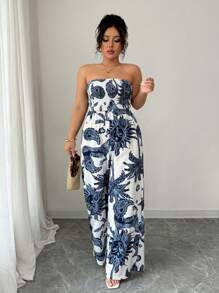 Elenzga 女式印花抹胸连体衣，收腰阔腿，优雅度假、工作、日常穿着