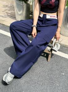 K-Vae 女款夏季深蓝色字母印花腰部褶皱工装阔腿裤，街头学院风长裤 - 彩色 - 查看 4